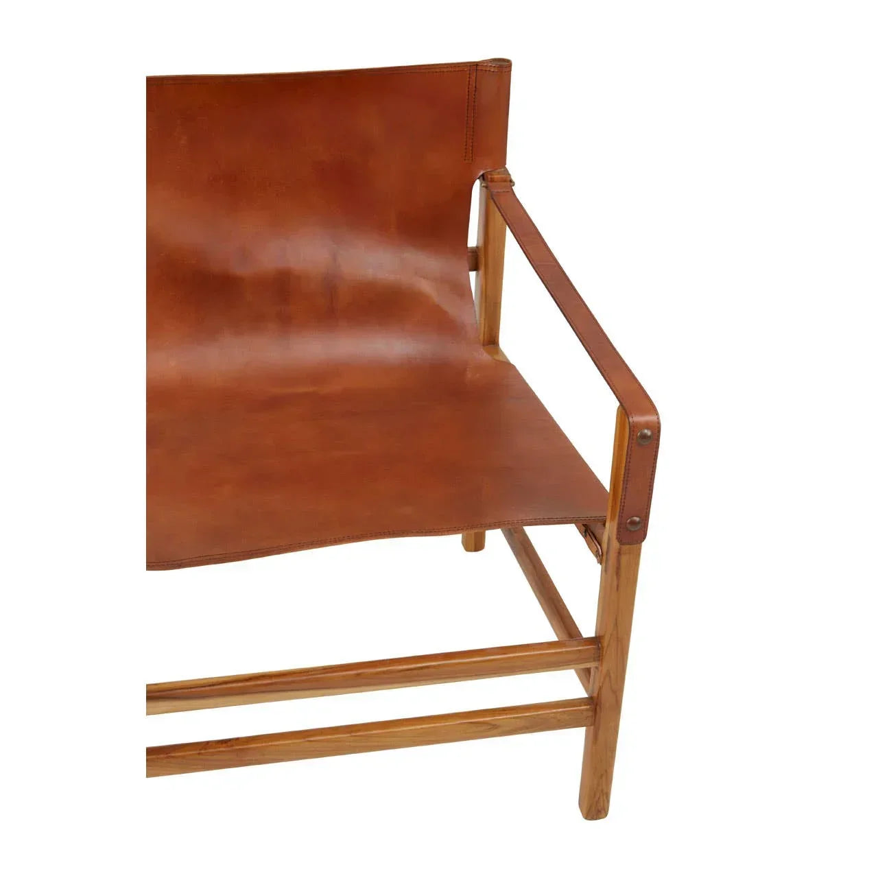Brown leather accent chair with wooden frame and open armrest design