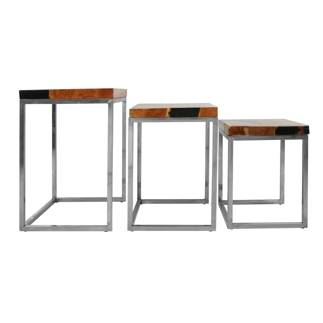 Set of three nesting tables with natural wood tops and metal frames, side by side