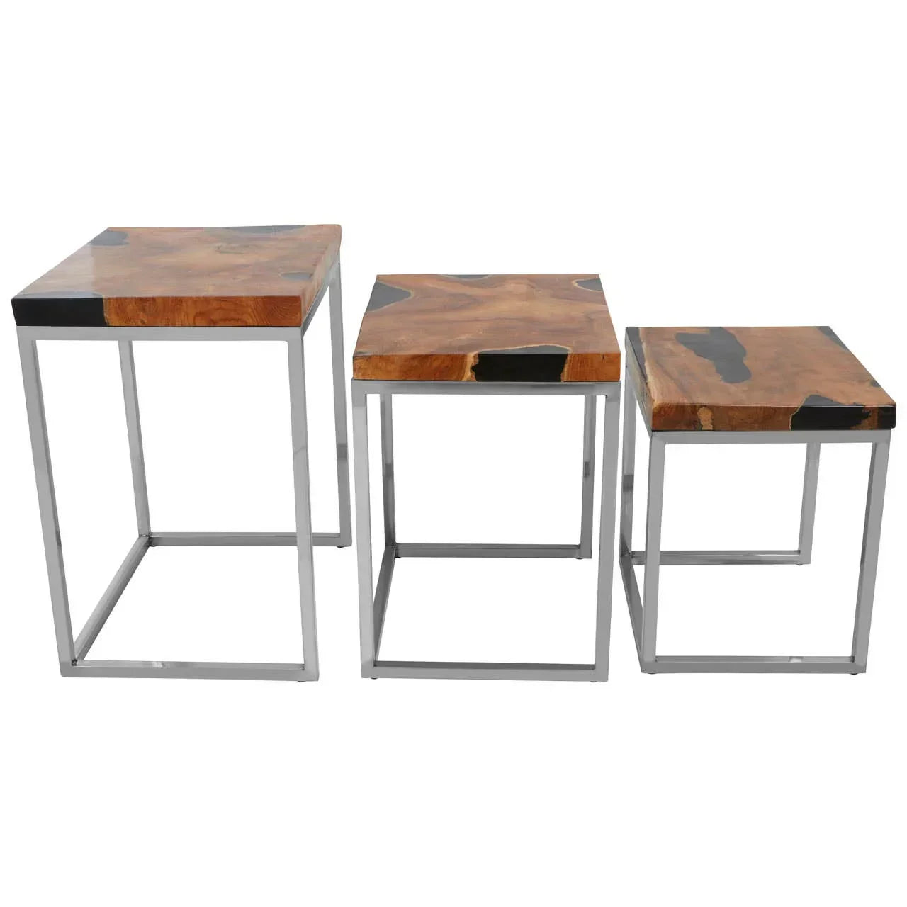 Set of three nesting tables with wood and black resin tops on metal frames