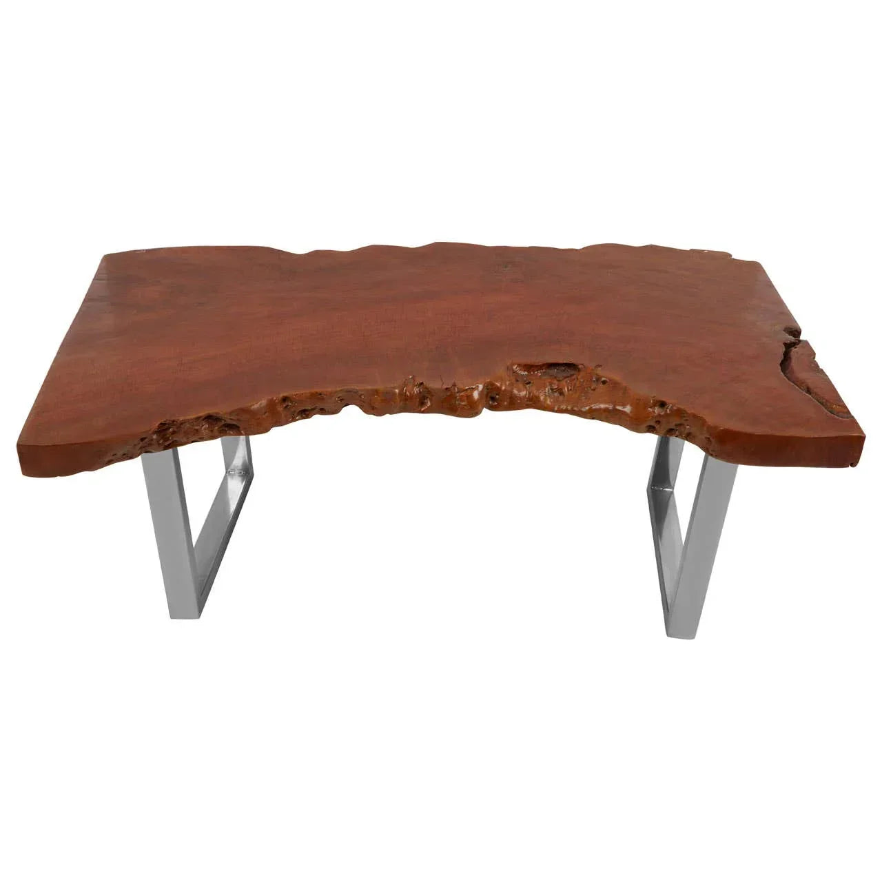 Live edge wooden coffee table with metal legs, natural finish, front angle view