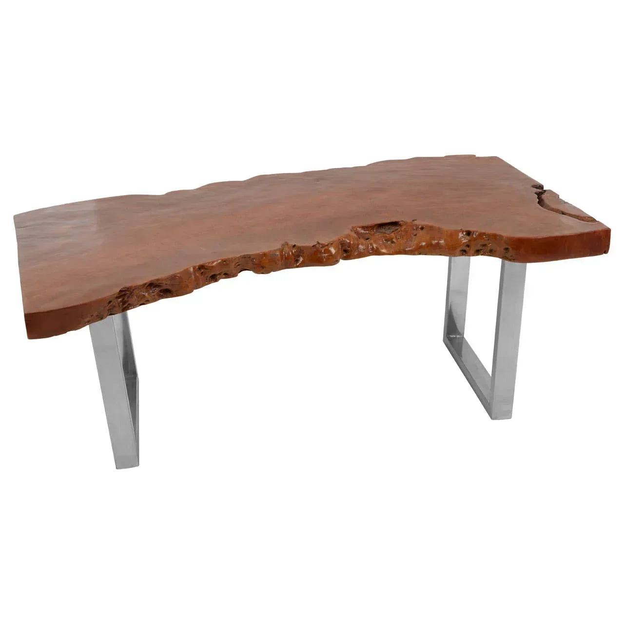 Live edge wooden dining table with polished metal legs and natural finish