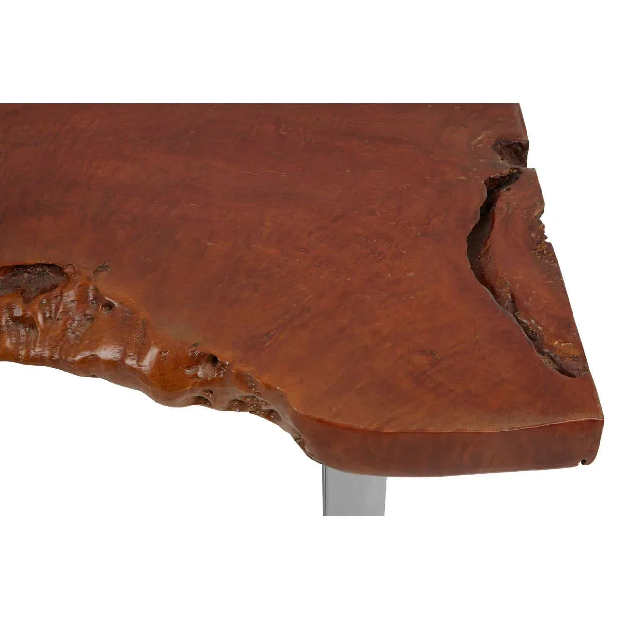 Live edge wooden table top with natural grain and chrome leg corner detail