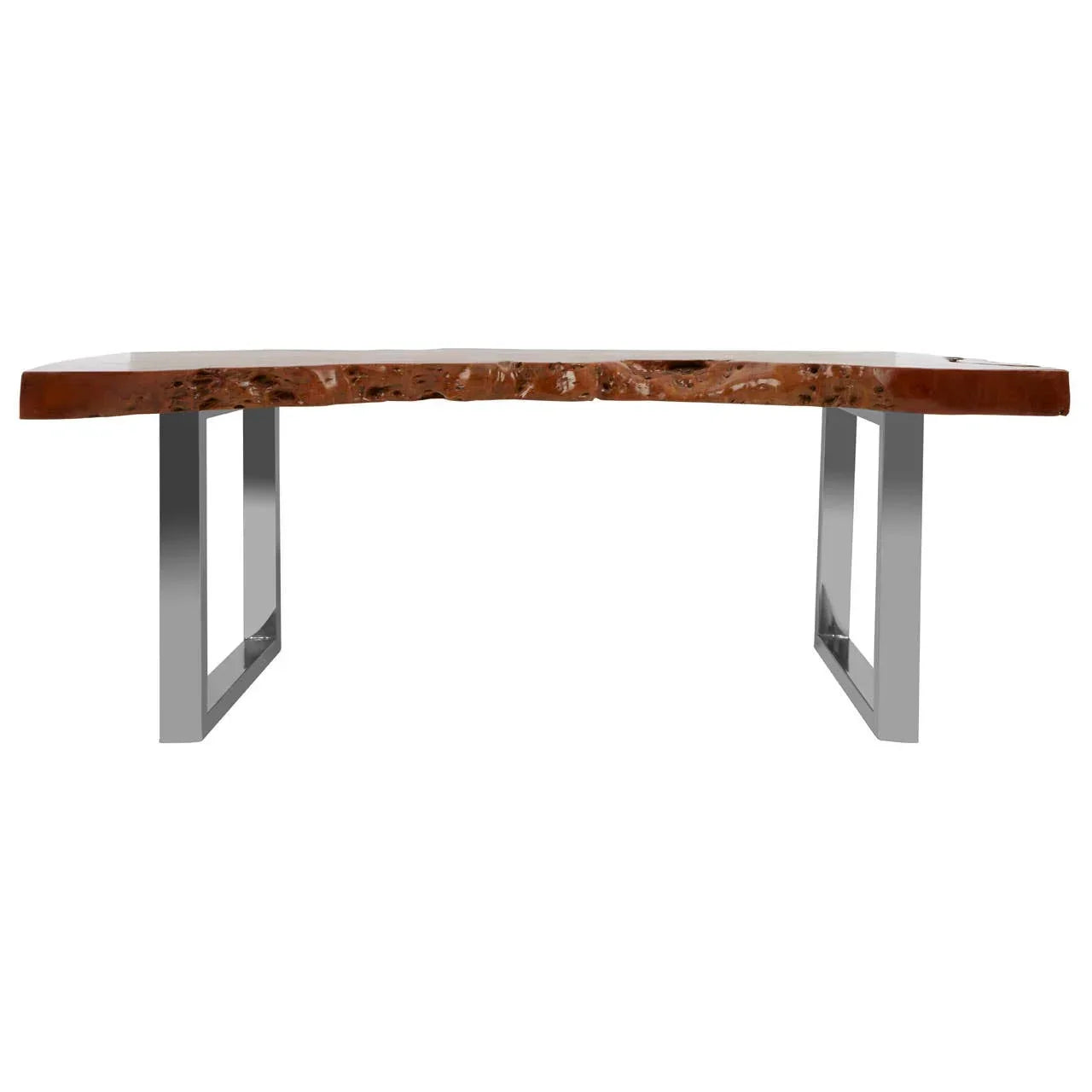 Live edge wooden dining table with polished metal legs, front view