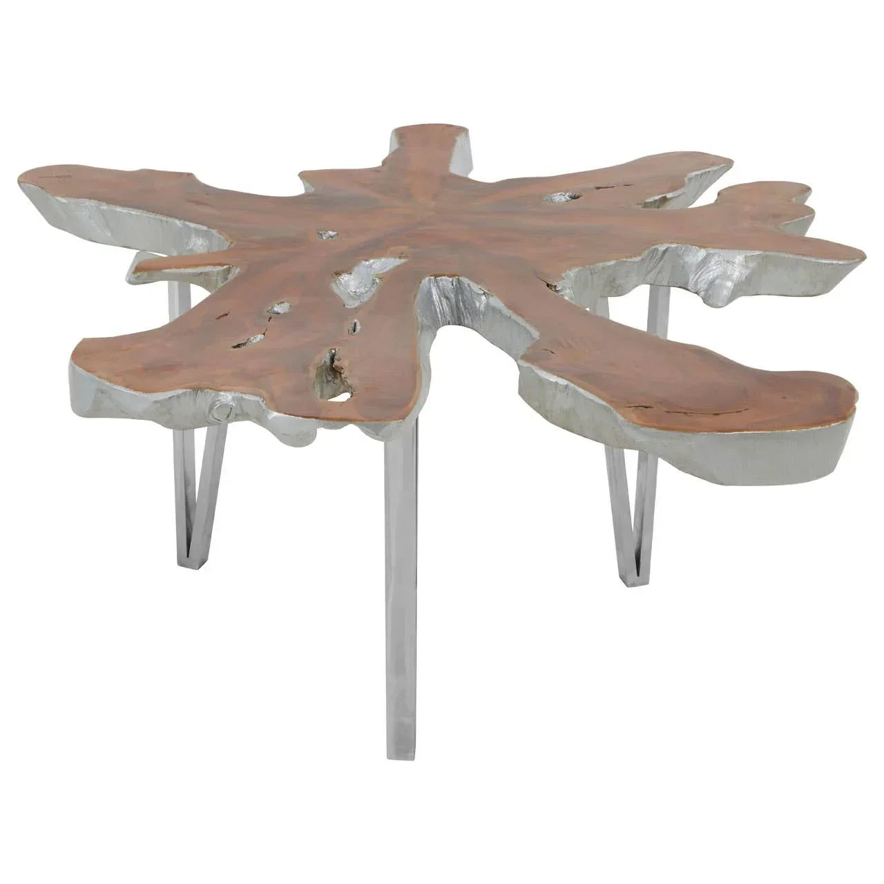 Live edge wood coffee table with silver metal legs and natural finish