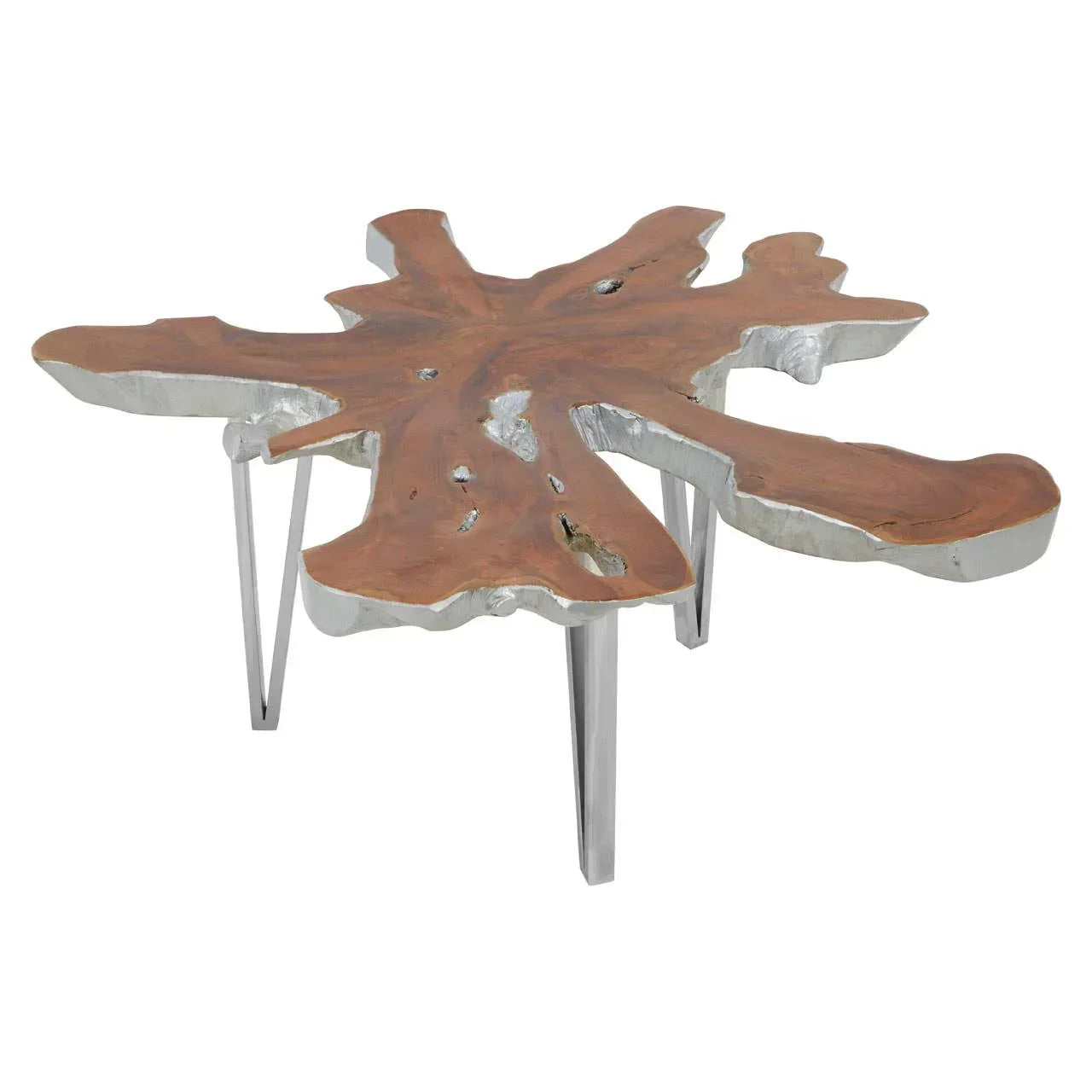 Live edge wooden coffee table with silver metal legs and irregular shaped top