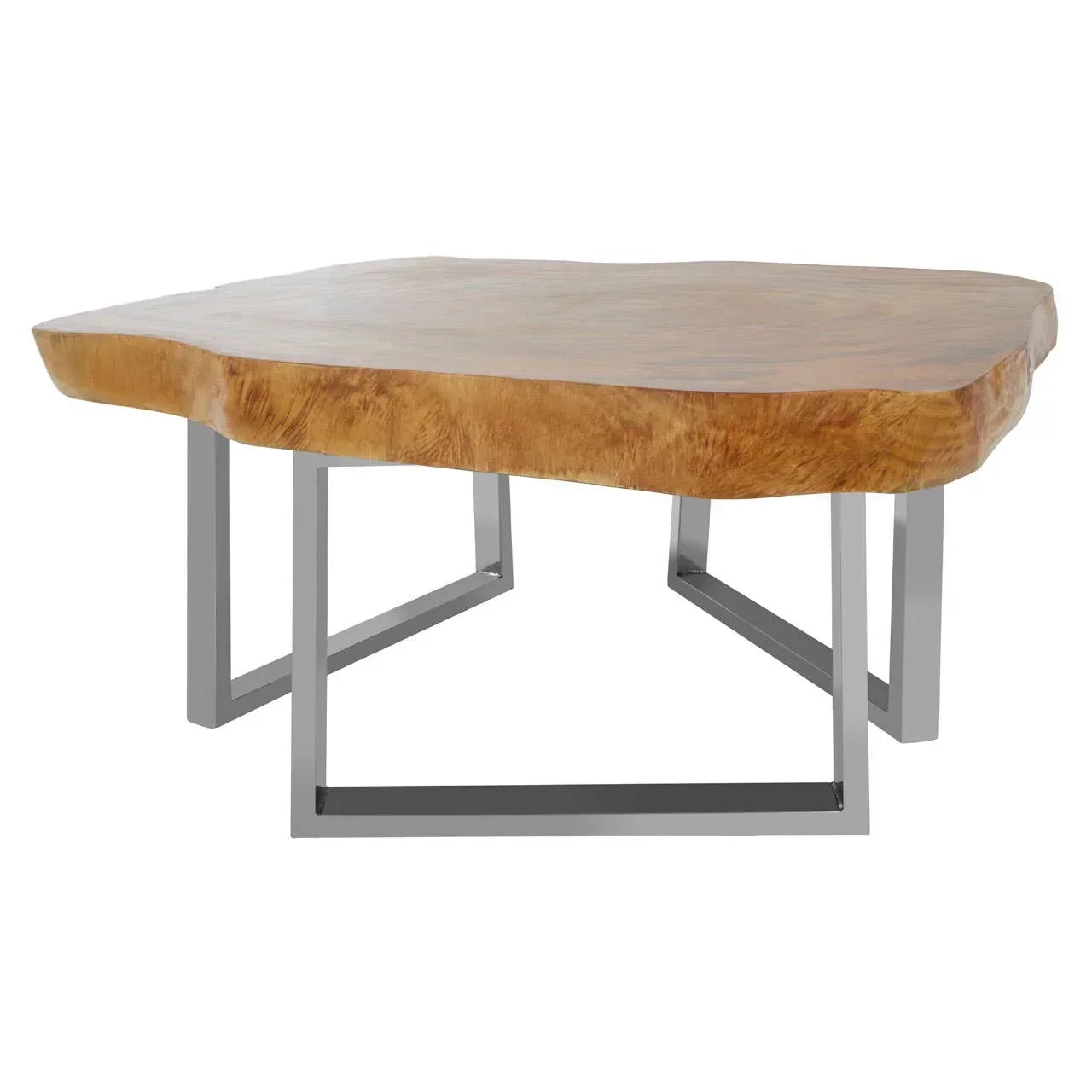 Solid wood dining table with natural edge and metal legs, shown from front left angle