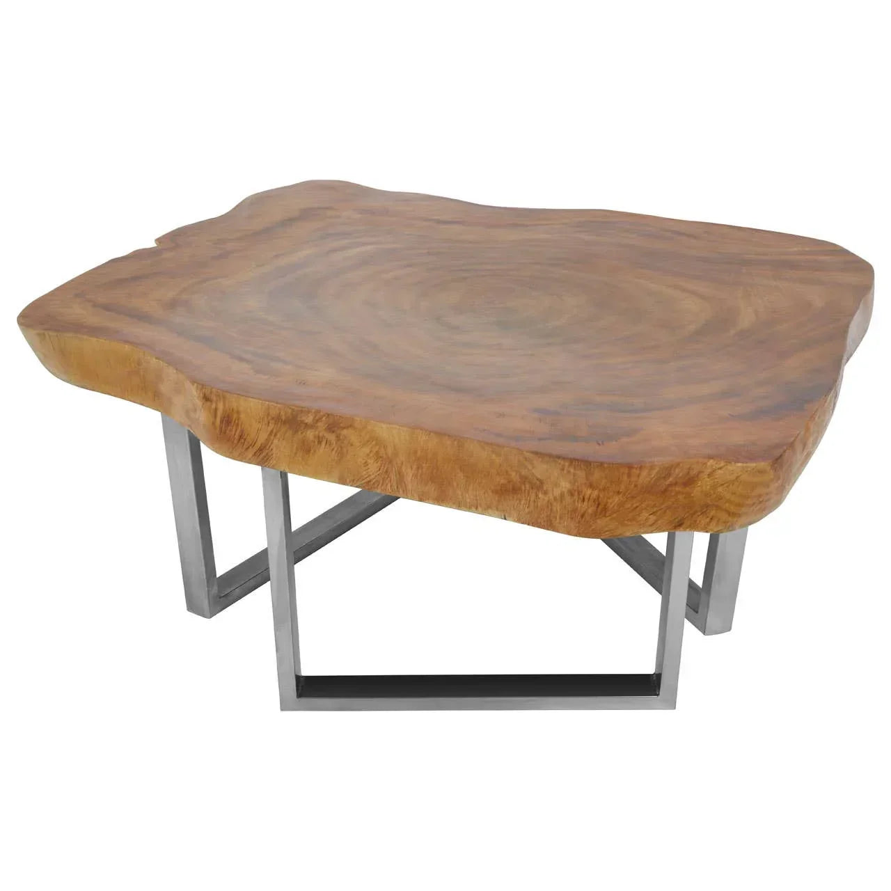 Solid wood coffee table with natural live edge and metal legs