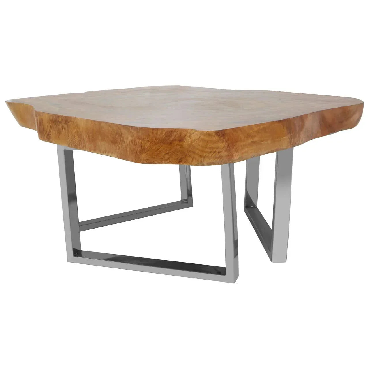Live edge wooden coffee table with chrome metal legs, angled front view