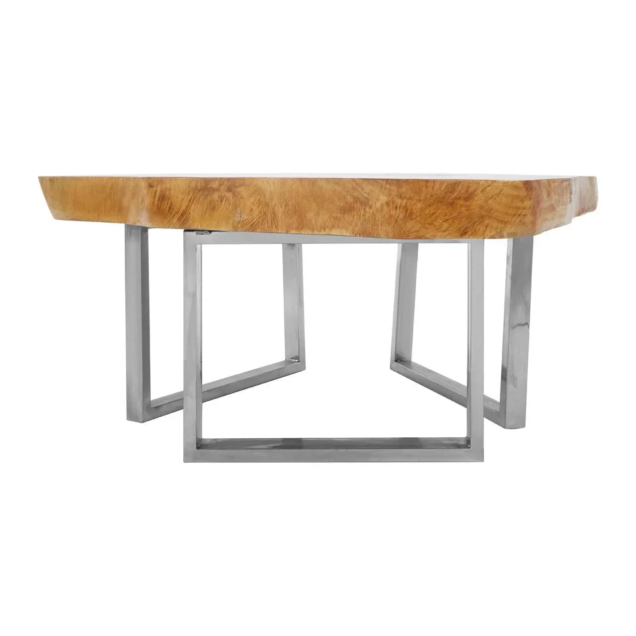 Rectangular wooden coffee table with silver metal legs, natural finish