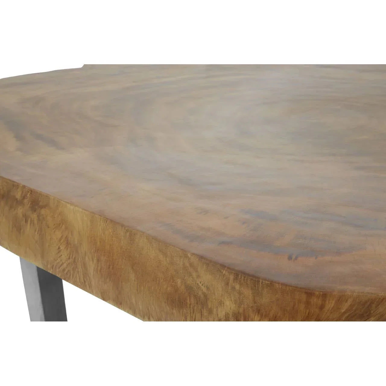 Close view of wooden dining table top with natural wood grain and metal leg corner