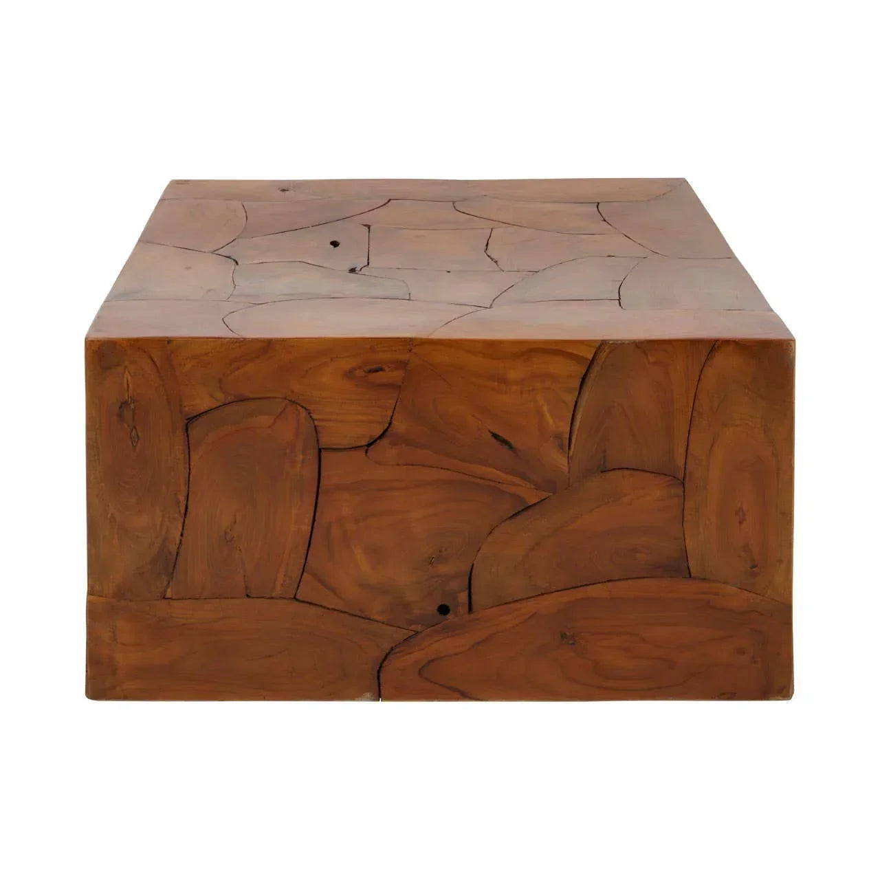 Square coffee table with natural teak wood block design and visible grain patterns