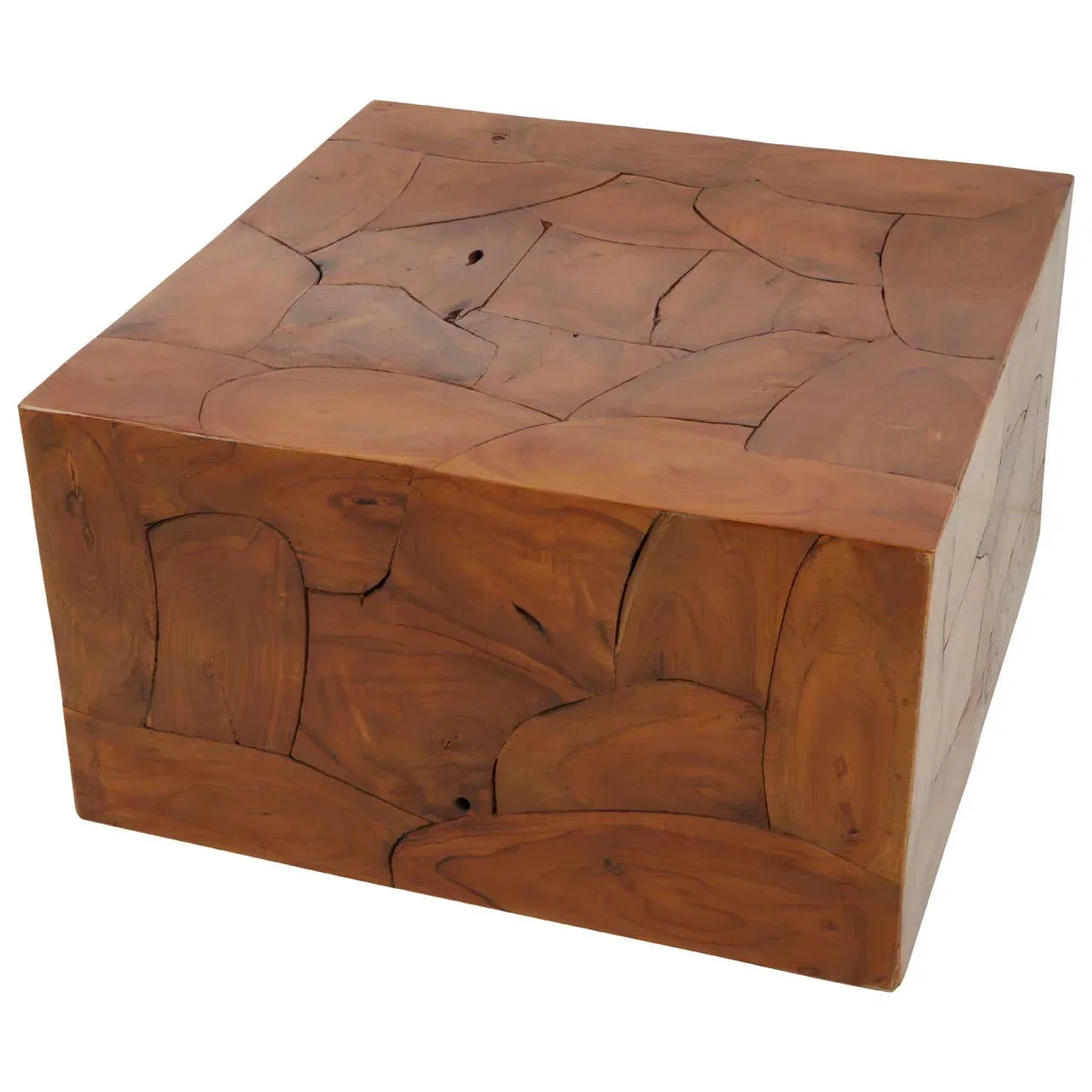 Square wooden coffee table with natural wood grain and block pattern design