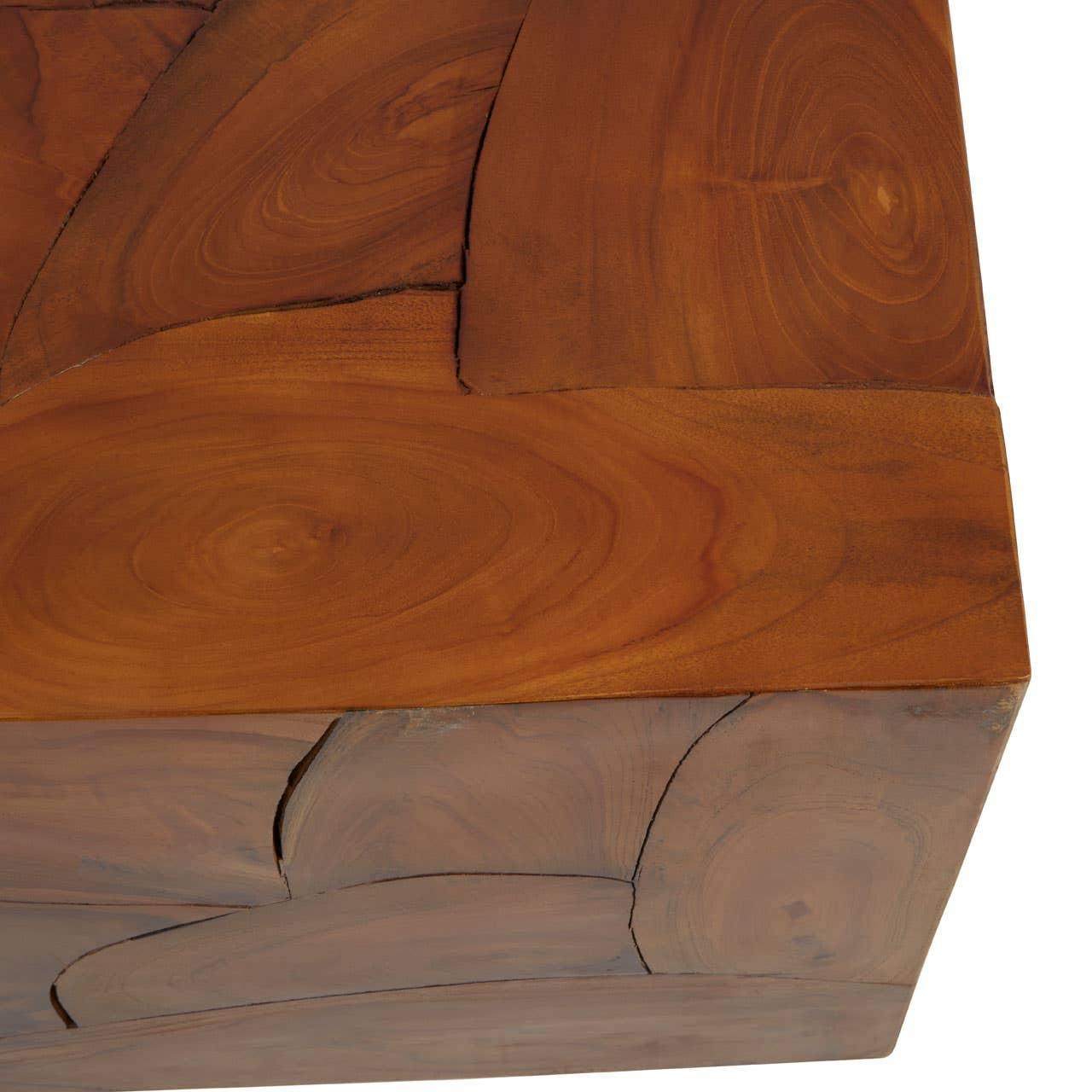 Close up of solid wood table edge showing natural grain and block design