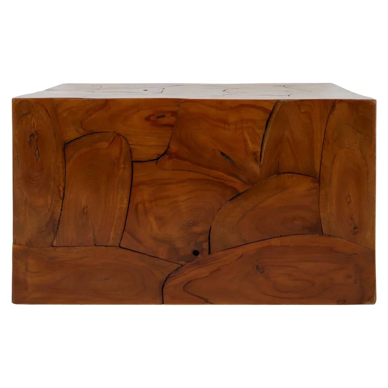 Rectangular solid wood coffee table with natural grain pattern and block design front view
