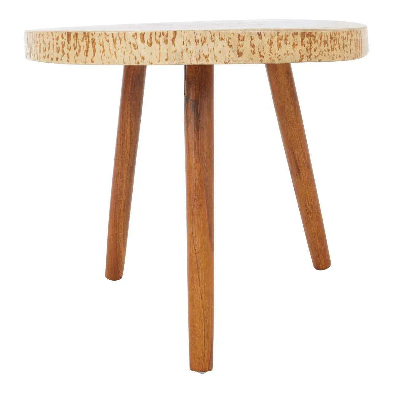 Round wooden side table with tripod legs and natural finish top