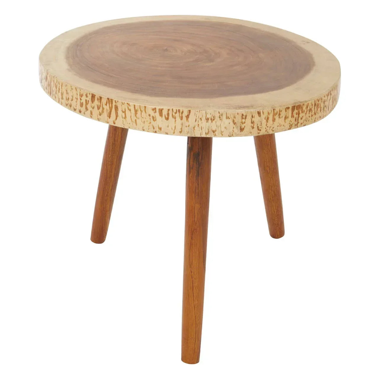 Round wooden side table with natural finish and three angled legs