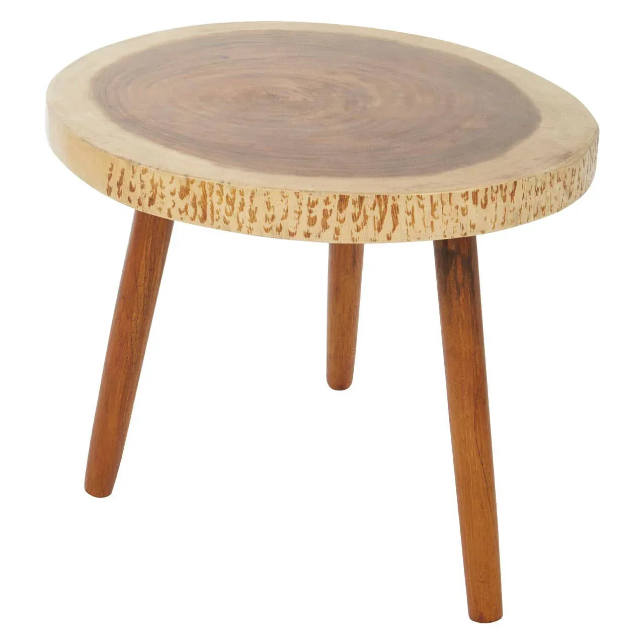 Round wooden side table with three tapered legs and natural wood grain finish