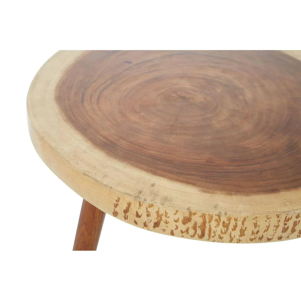Round wooden side table with visible wood grain and natural finish, close-up top view