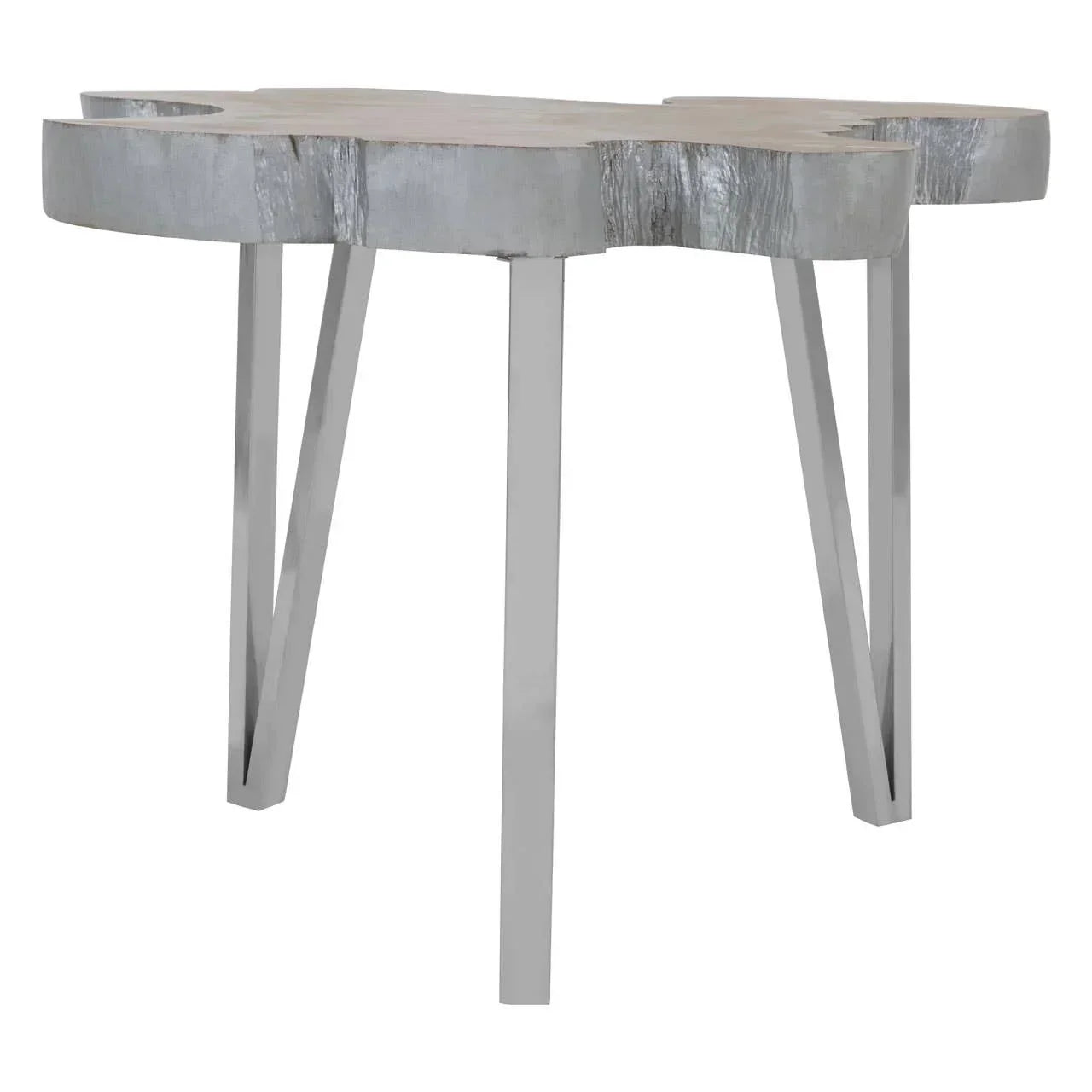 Silver accent table with live edge top and chrome metal legs