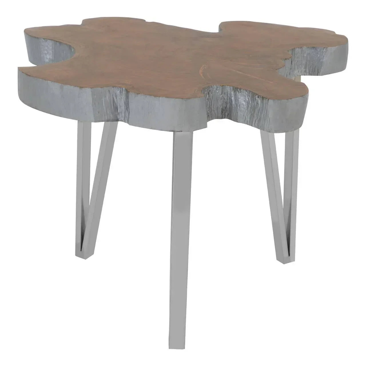 Live edge wood side table with silver trim and metal legs
