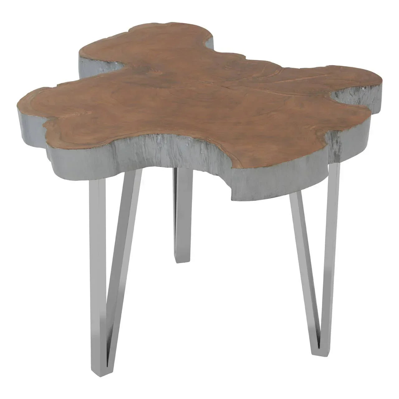 Natural wood side table with irregular live edge and silver metal legs