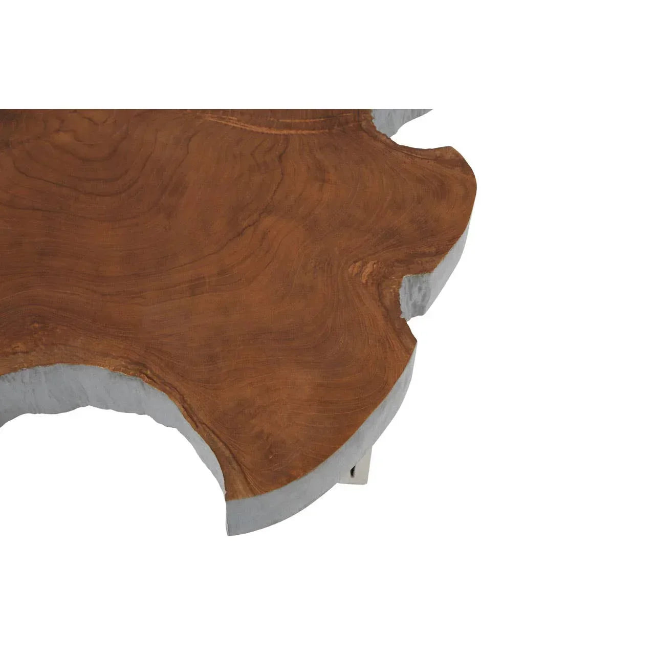 Live edge wooden coffee table top with natural brown wood grain and grey concrete edge
