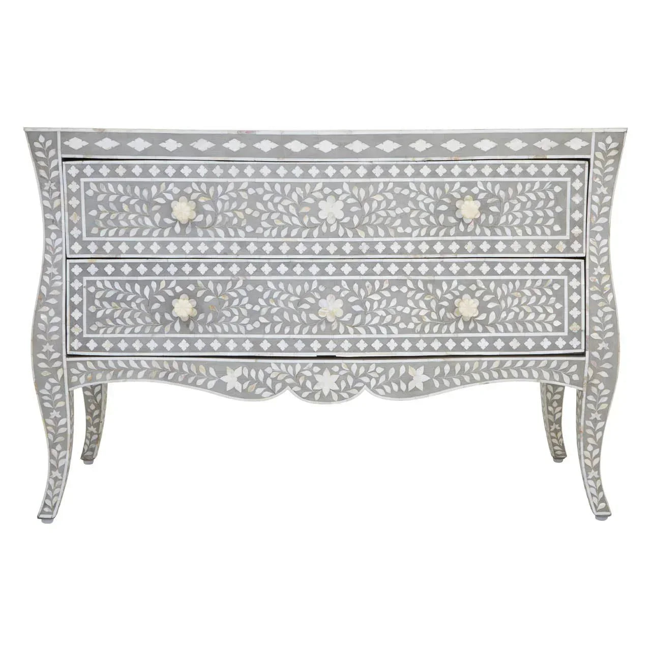 Grey floral bone inlay chest of drawers with curved legs and two drawers