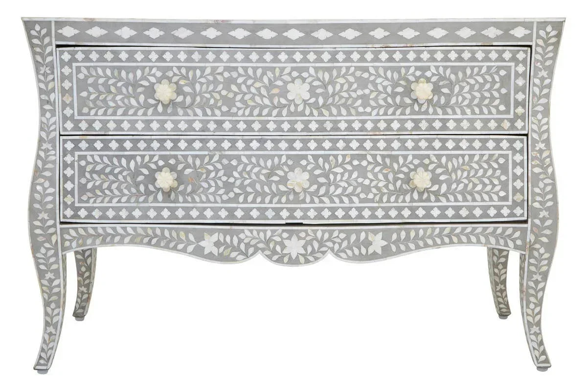 Grey floral inlay chest of drawers with curved legs and two drawers
