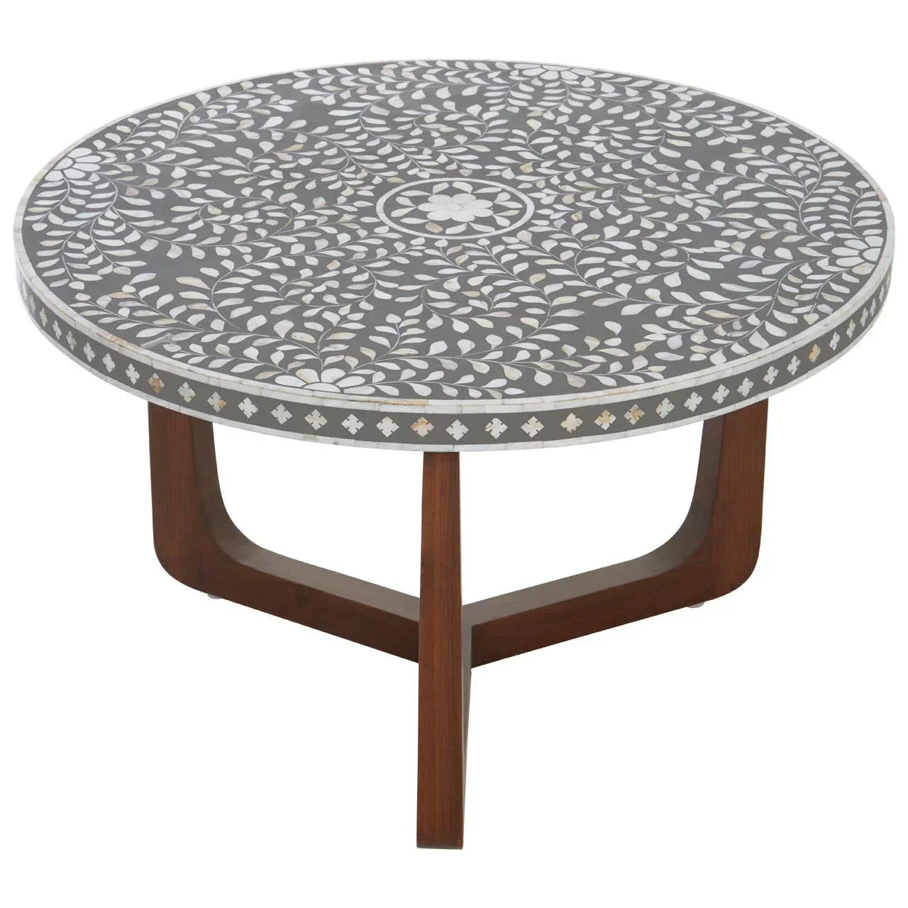 Round coffee table with floral inlay design and dark wooden legs