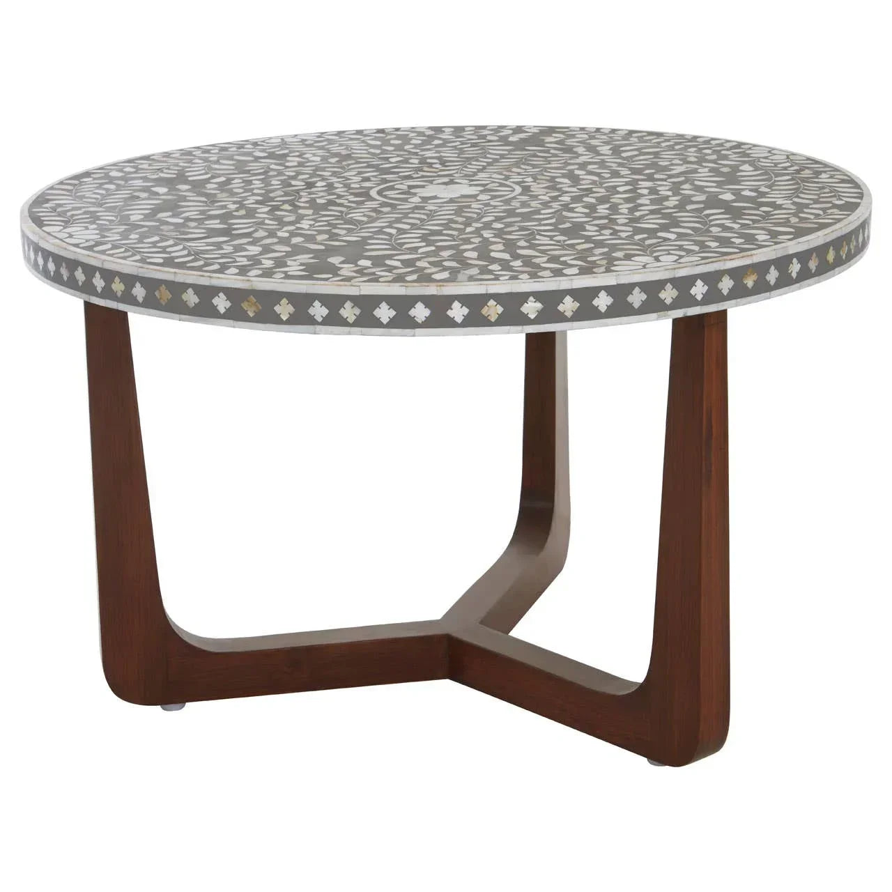 Round coffee table with mosaic patterned top and wooden tripod base