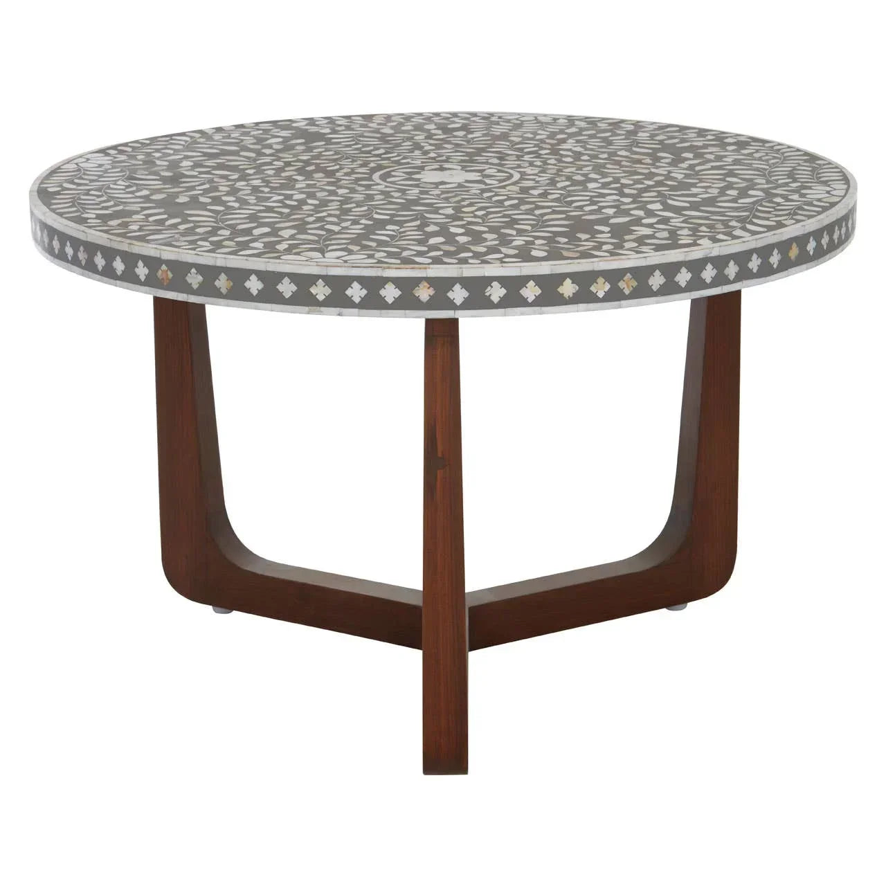 Round dining table with grey patterned mosaic top and wooden legs