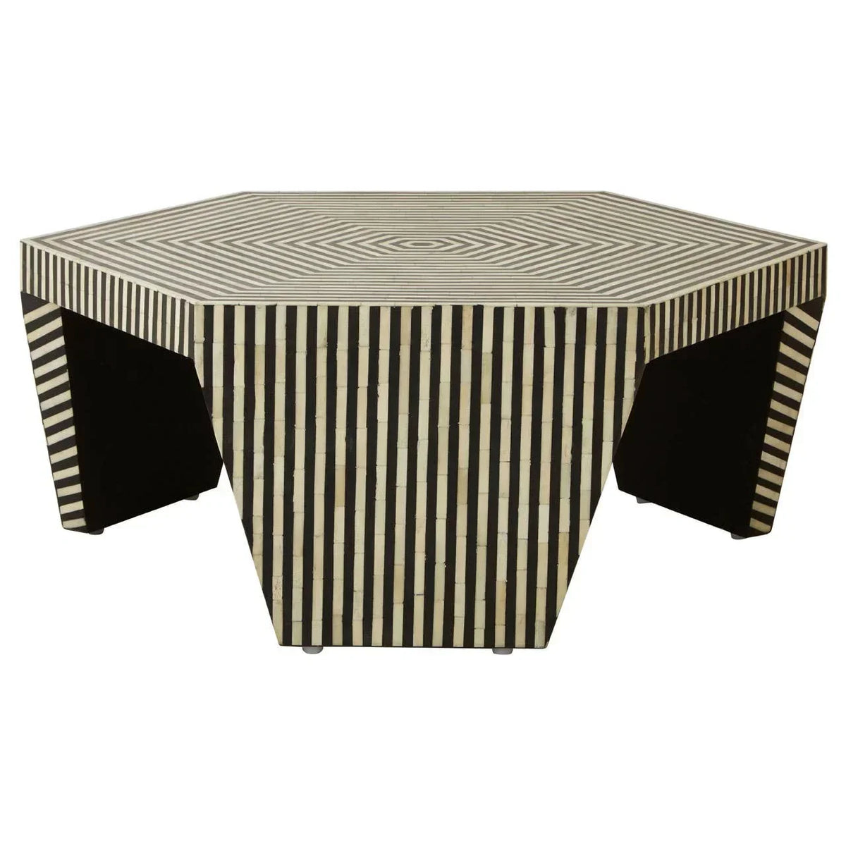 Hexagonal black and white striped coffee table with geometric bone inlay design