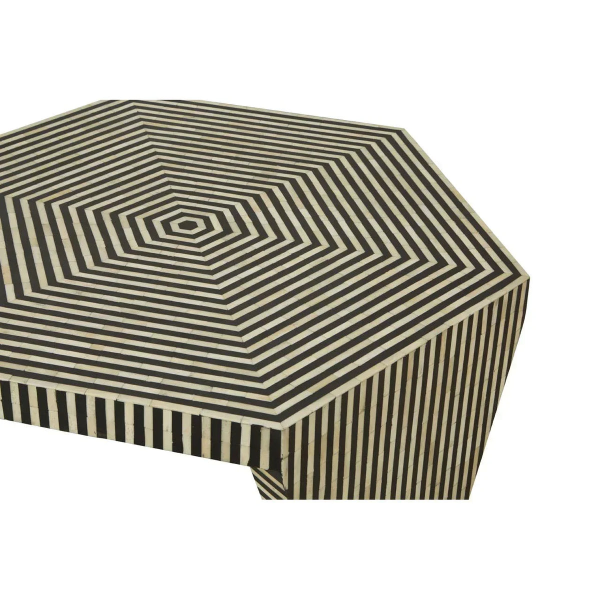 Hexagonal coffee table with black and white geometric striped top and sides