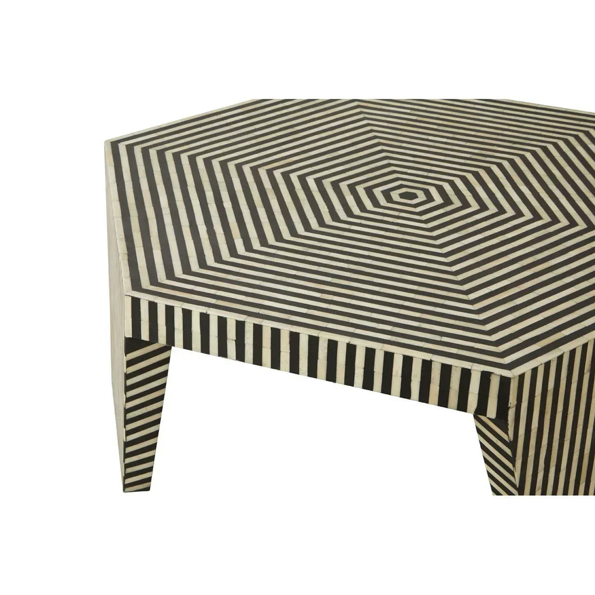 Hexagonal coffee table with black and white geometric striped pattern on top and sides