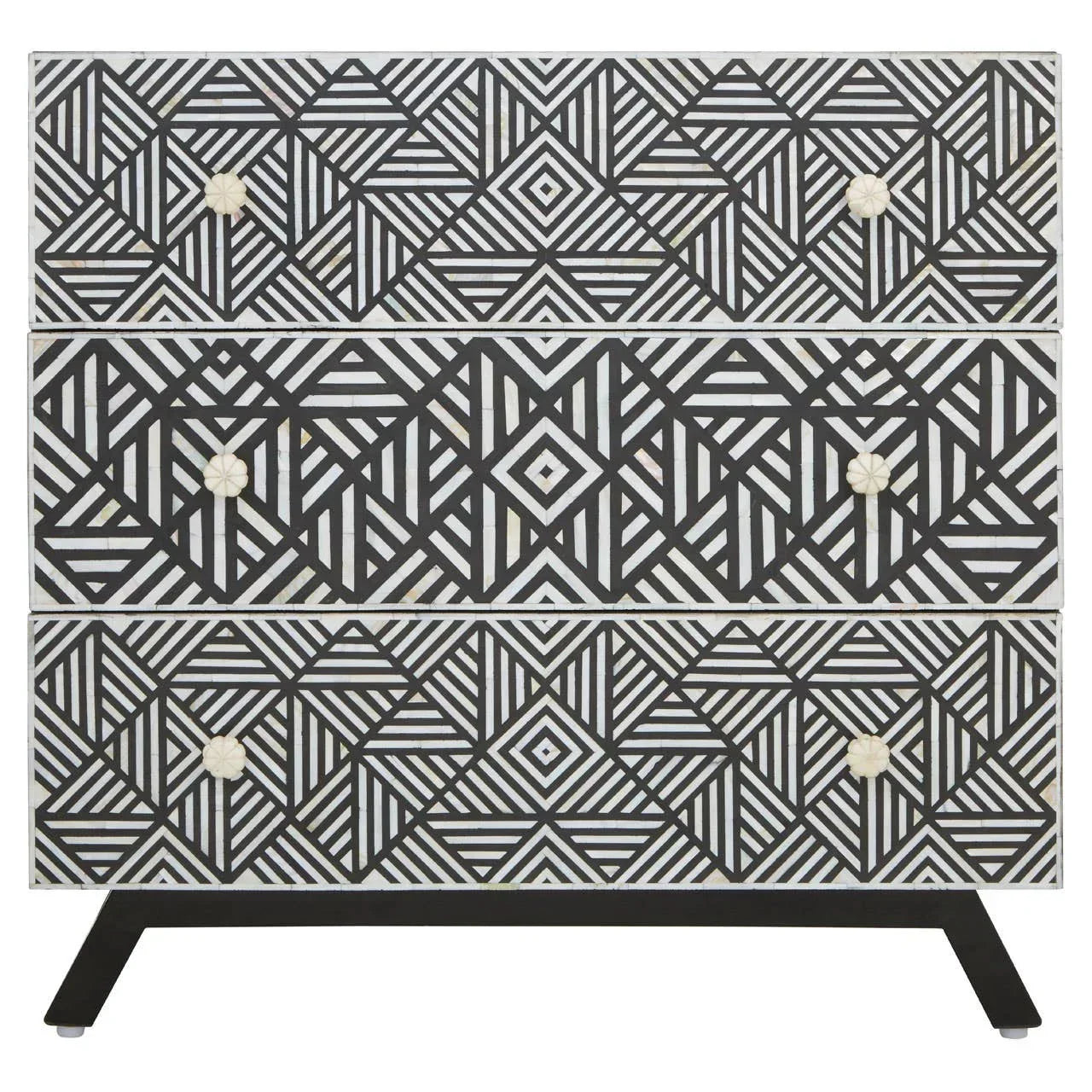 Geometric black and white chest of drawers with mother of pearl knobs and angled legs