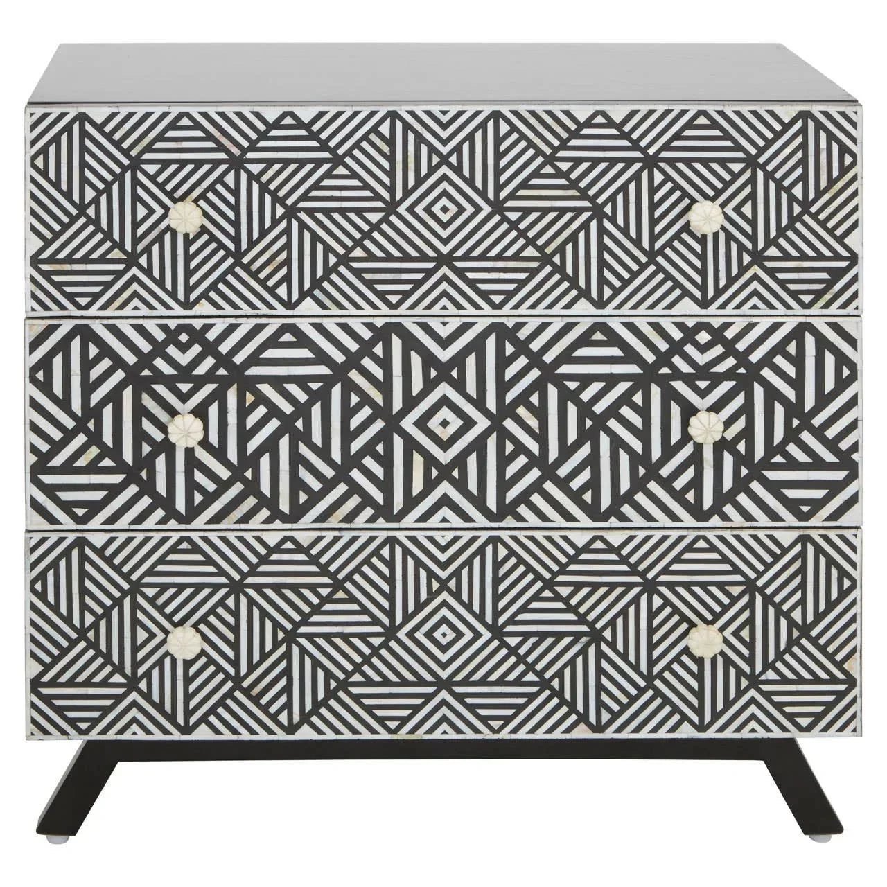 Three drawer chest with black and white geometric pattern and round knobs
