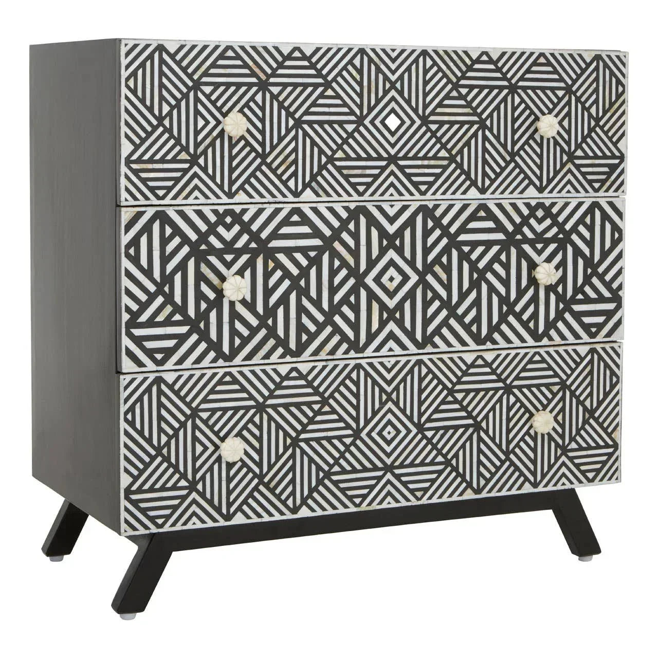 Geometric black and white chest of drawers with three drawers and angled legs