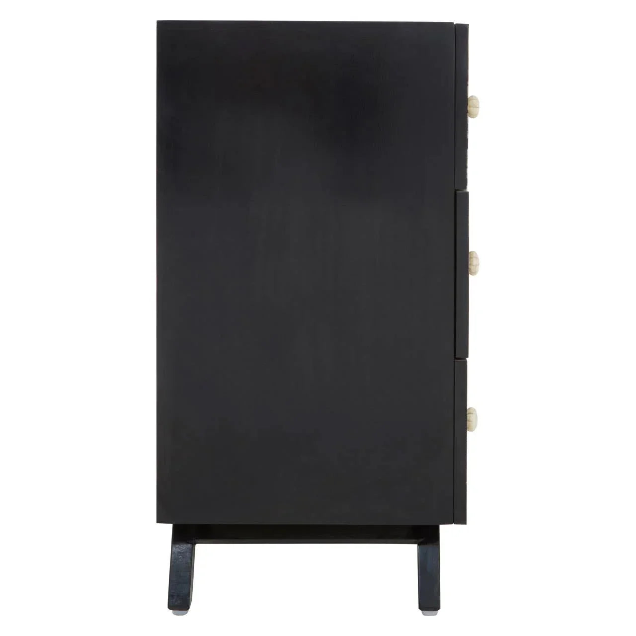 Side view of black wooden cabinet with short legs and visible round drawer handles