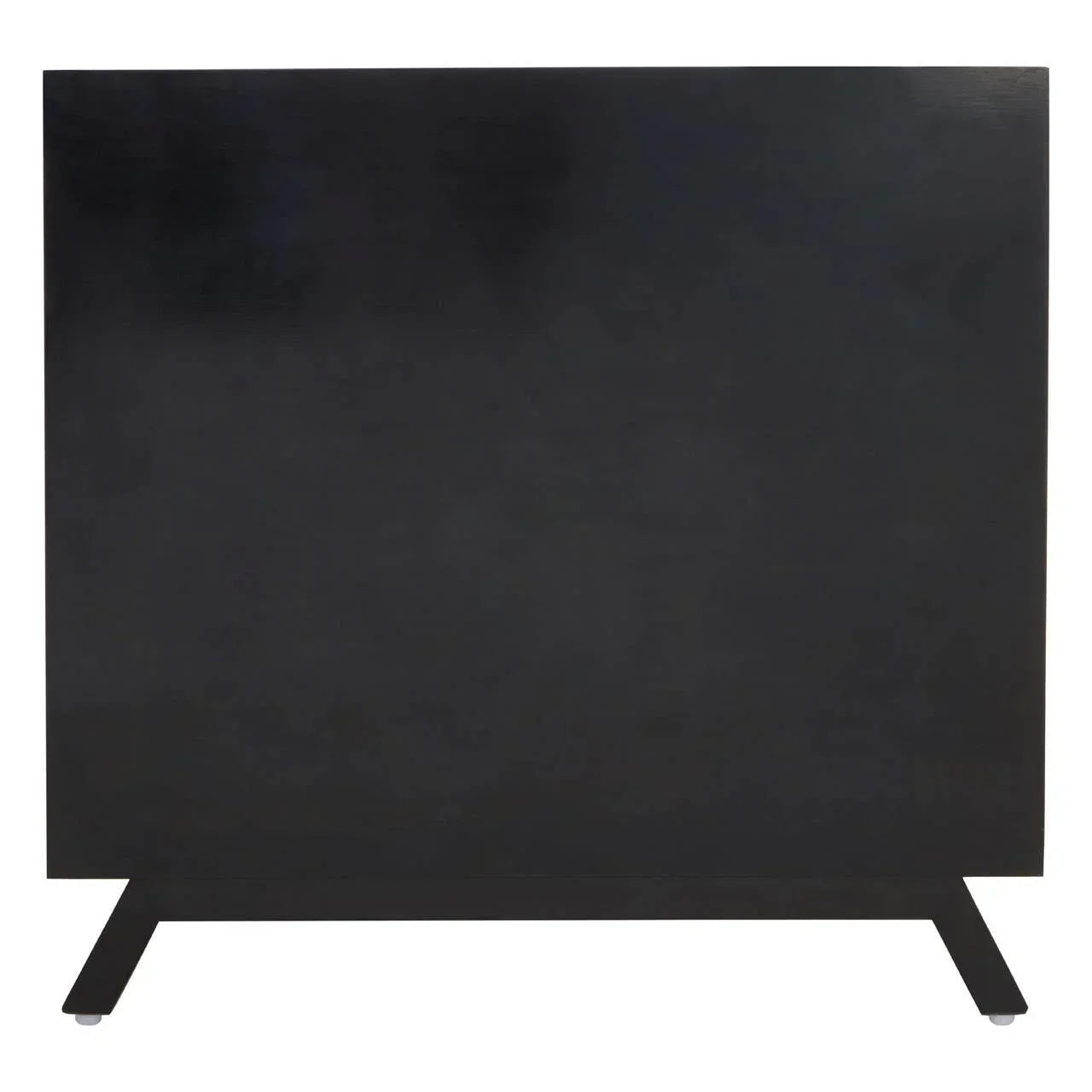 Black wood and metal room divider with rectangular panel and slim support legs