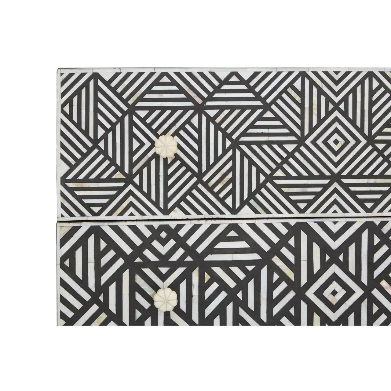 Bone inlay chest of drawers with black and white geometric patterns and round drawer handles