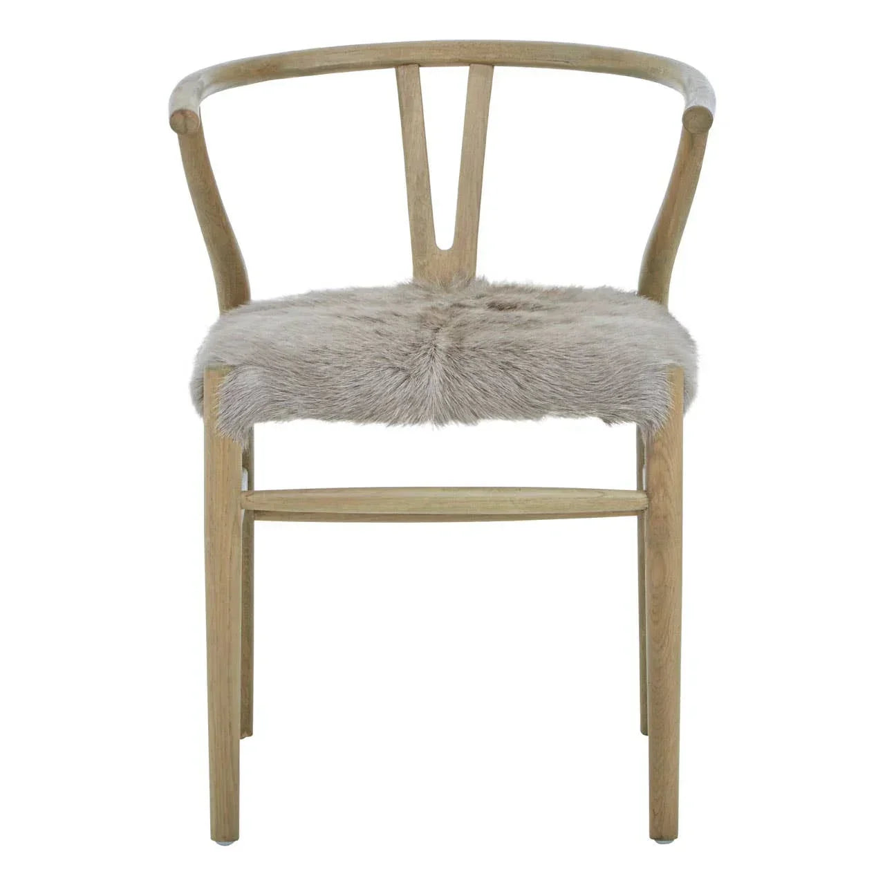 Wooden chair with curved backrest and faux fur seat cushion, front view