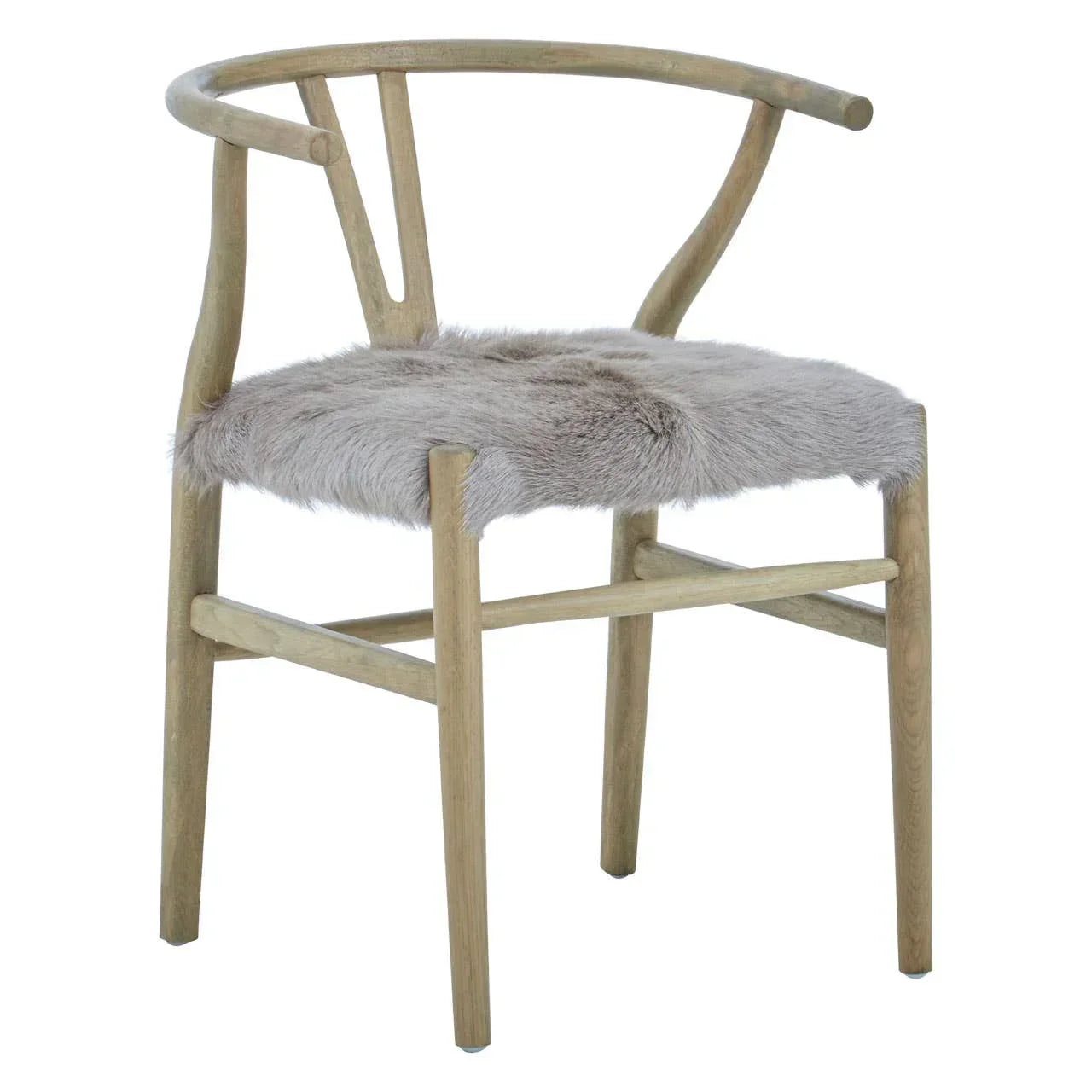 Wood dining chair with curved backrest and grey faux fur seat upholstery