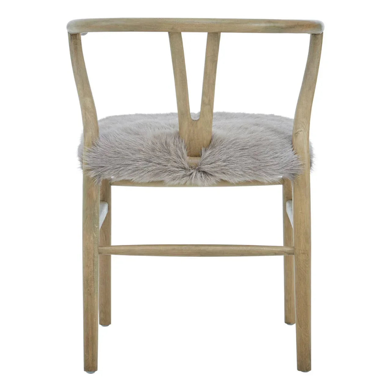 Wooden dining chair with curved backrest and grey faux fur seat cushion, rear view