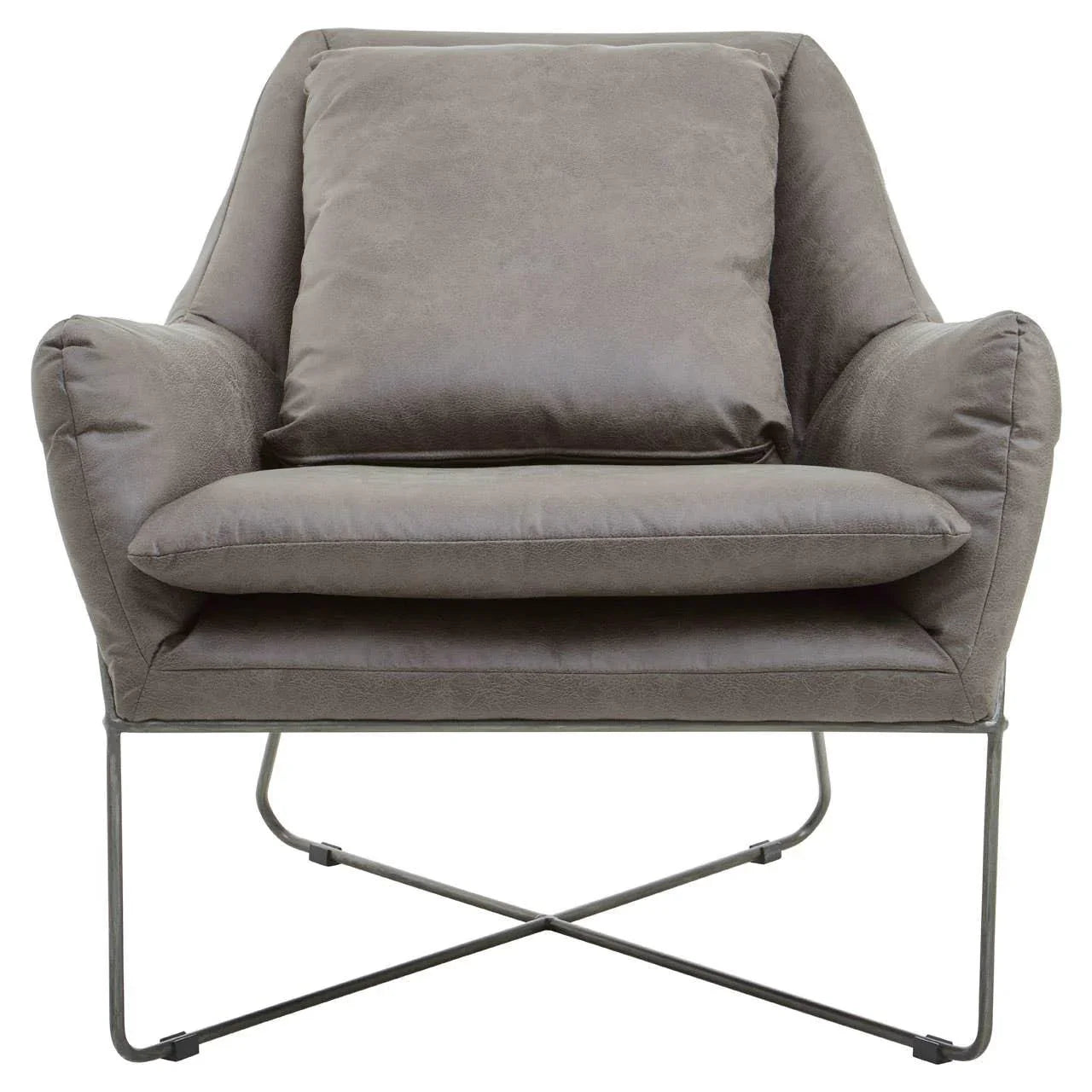 Grey upholstered armchair with metal legs and plush cushion, front view