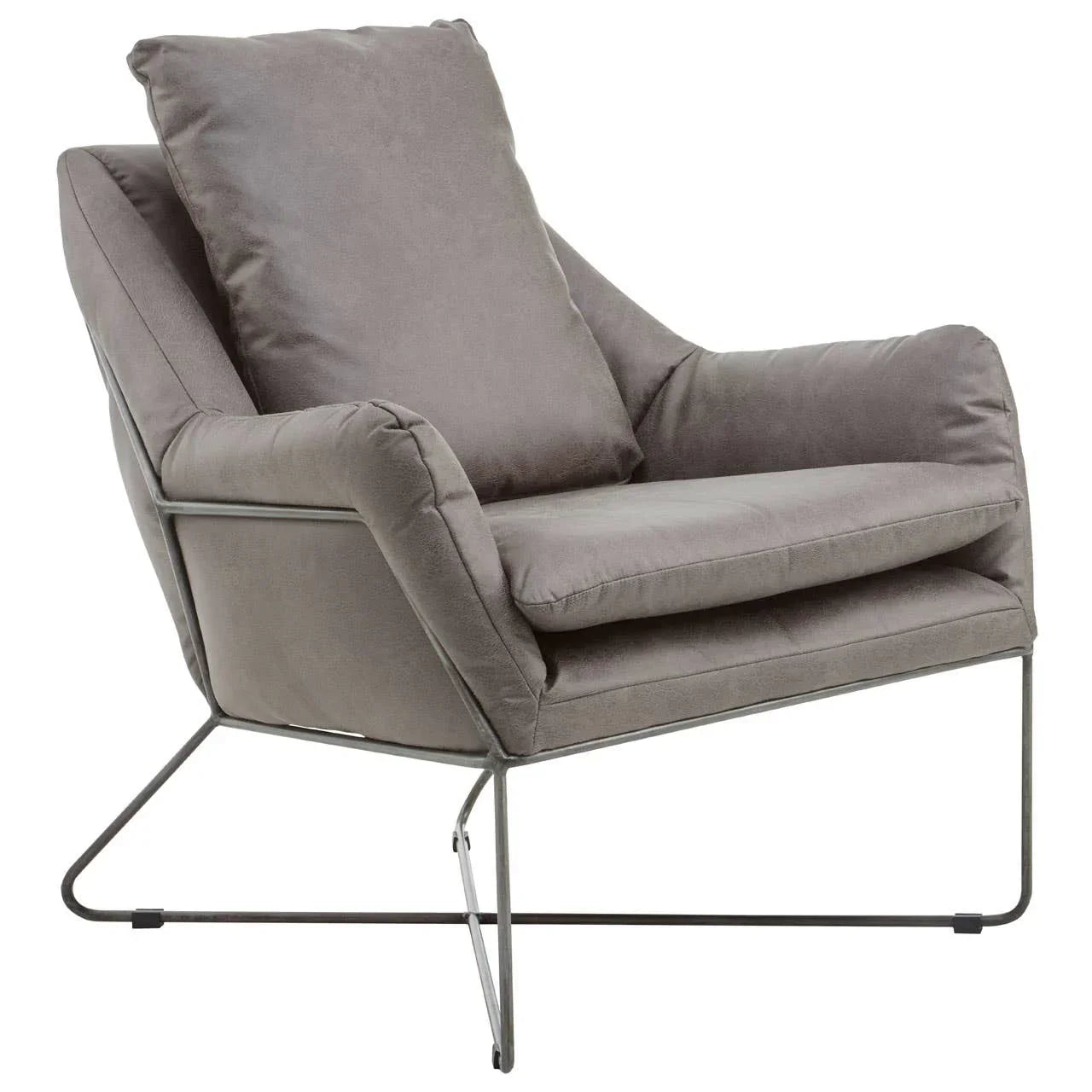 Grey upholstered armchair with metal legs and plush seat and back cushions, side view
