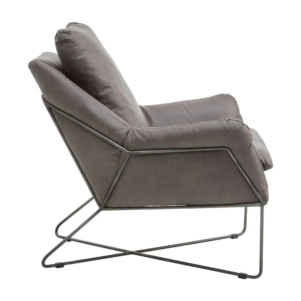 Grey fabric armchair with metal frame, side view highlighting cushion and angled design