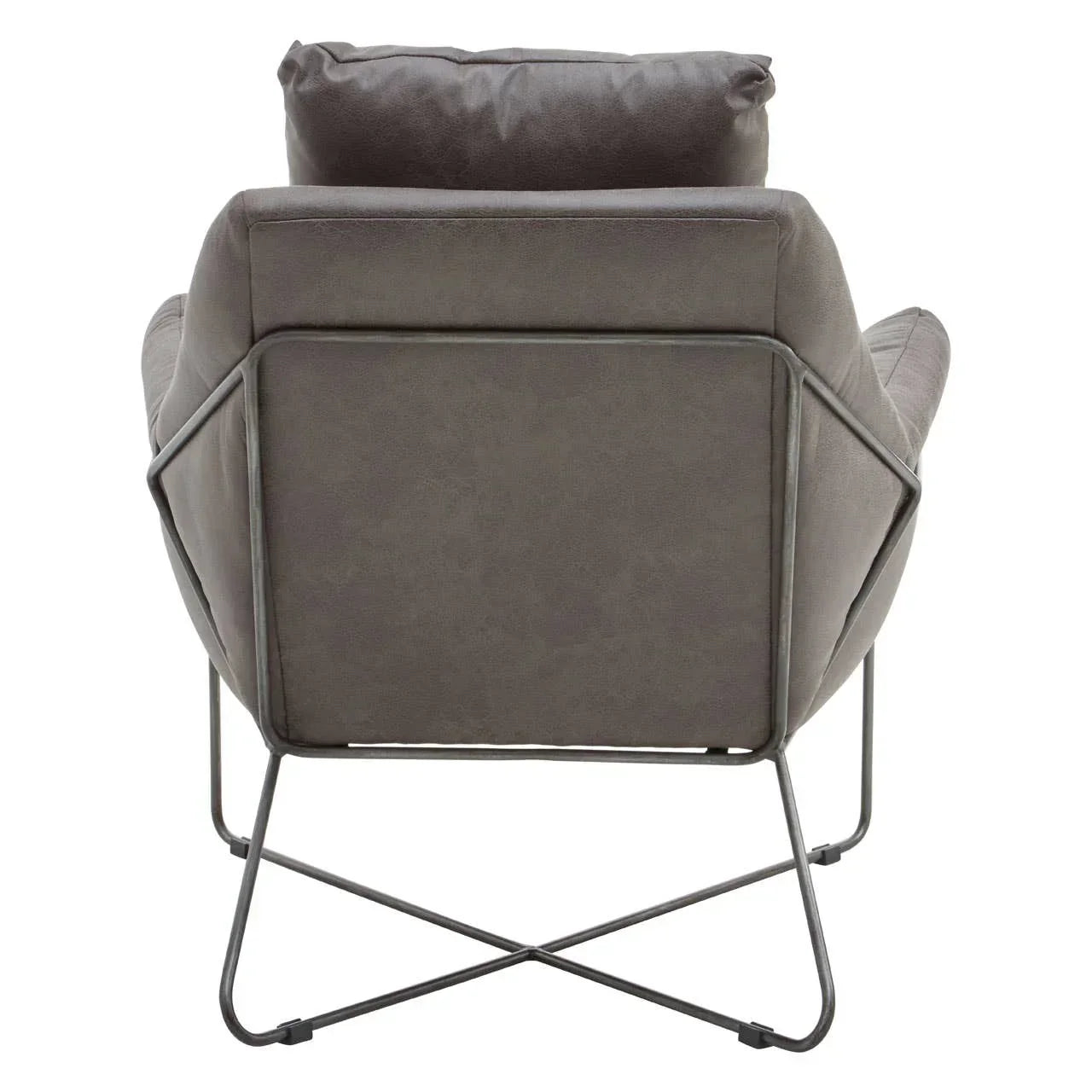Grey accent chair with metal frame, rear view showing cushioned backrest and modern legs