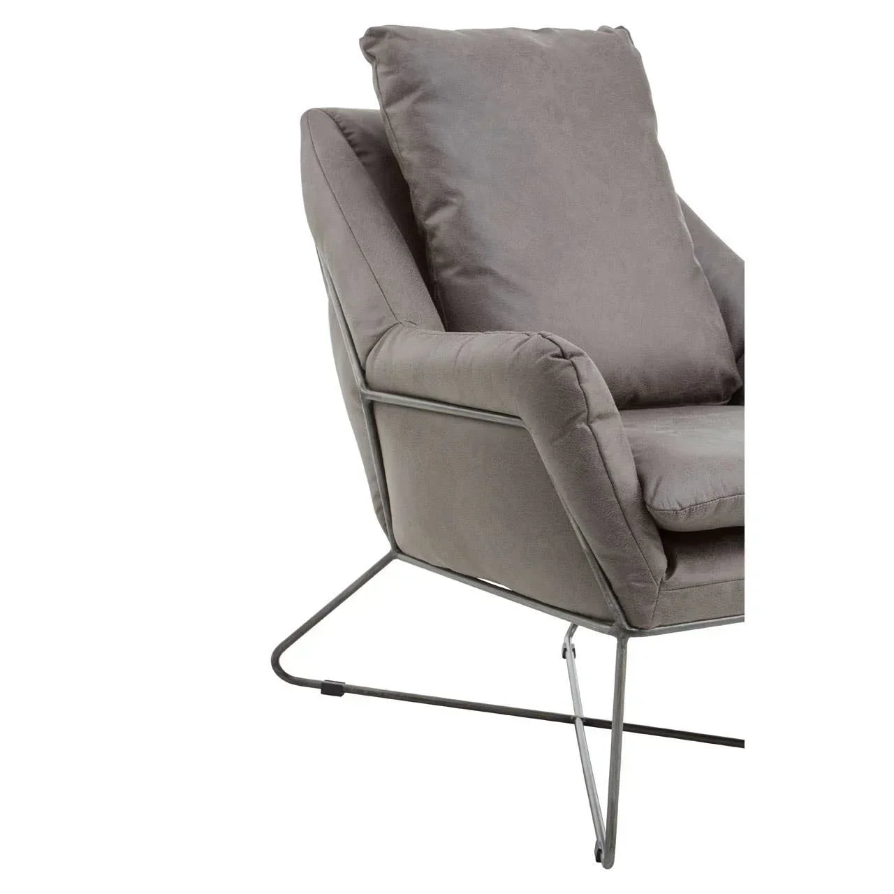 Grey fabric accent chair with metal frame and padded seat, side angle view