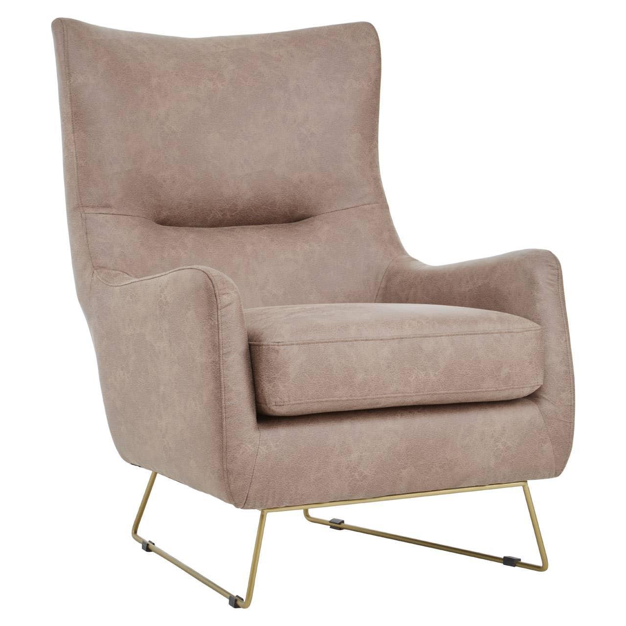 Taupe accent armchair with high back, curved arms and slim gold metal legs