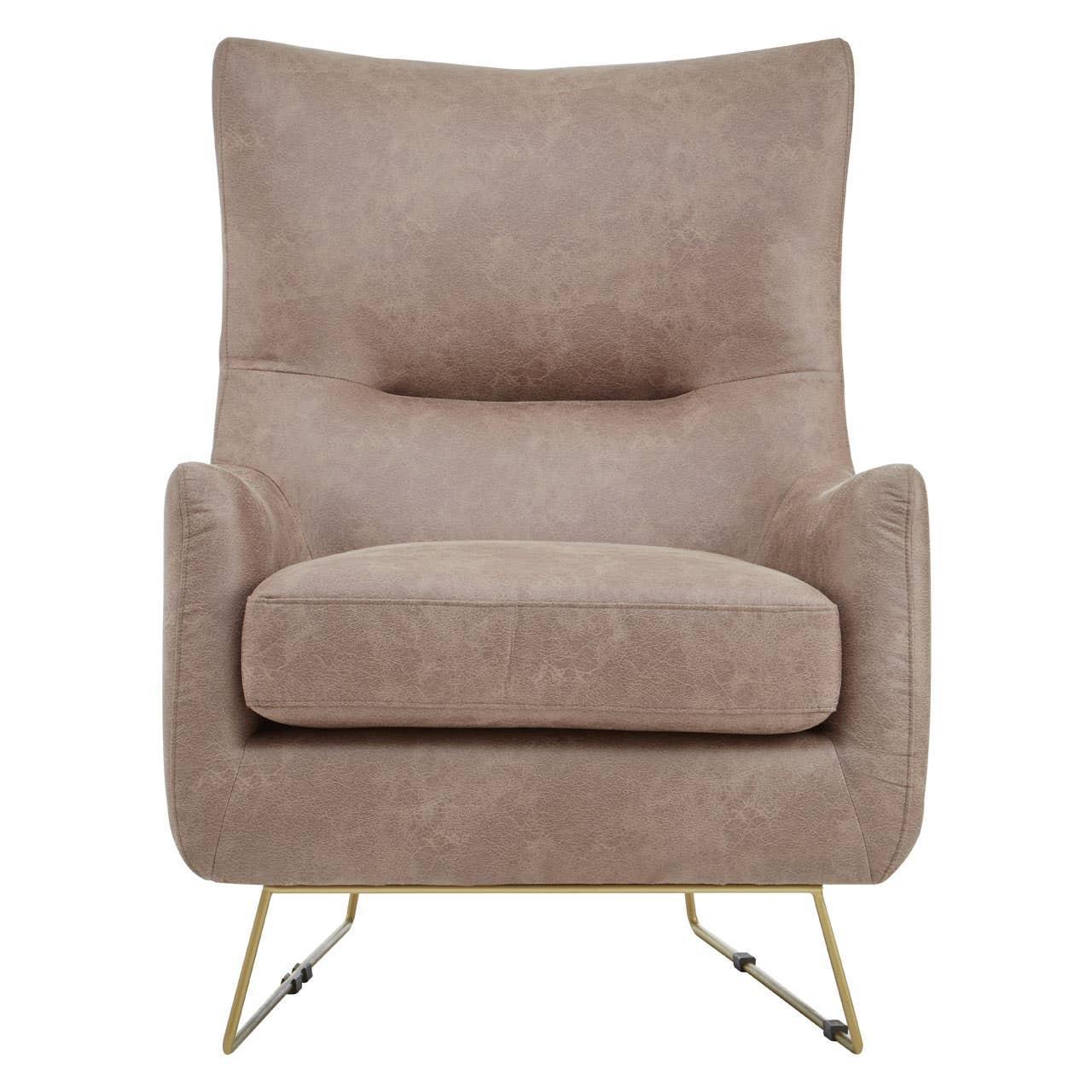 Taupe accent armchair with plush cushioning and gold metal legs, front view